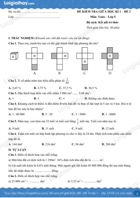 Đề kiểm tra giữa học kì 2 Toán 5 Kết nối tri thức - Đề số 2
